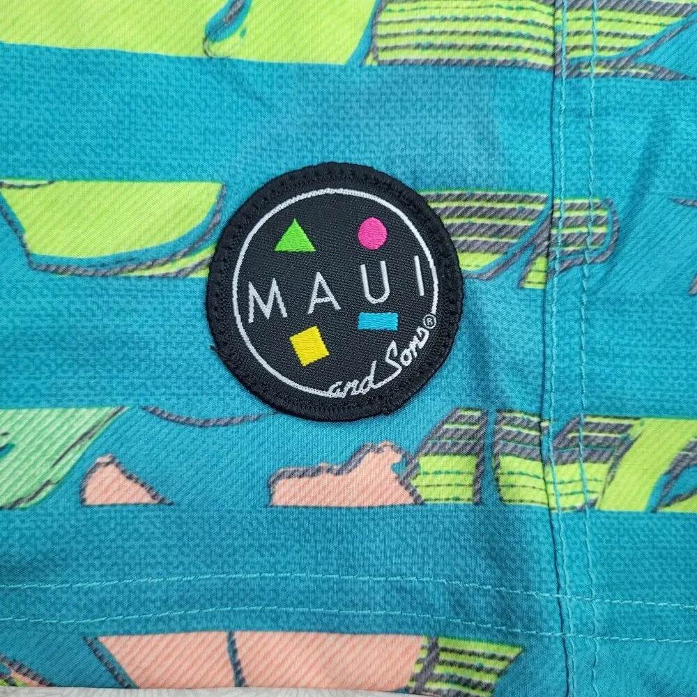 Maui and Sons aqua men's swim trunks pink green Hawaiian tropical print 36
